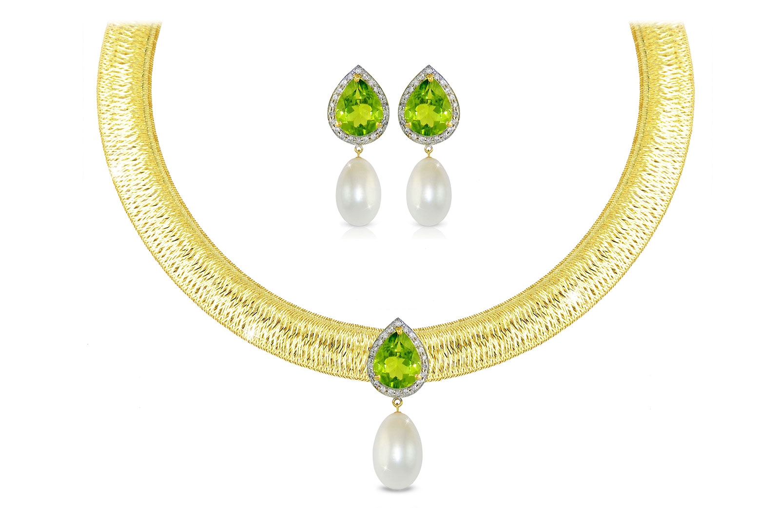 Vera Perla 18K Gold 0.36ct Diamonds, Peridot and 13mm White Pearl Jewelry Set - 2 pcs.